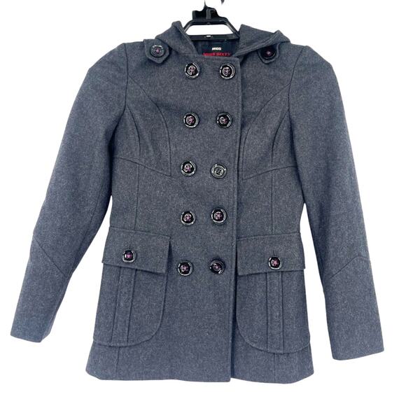 Y2K Miss Sixty Wool Military Hooded Pea Coat Sz S Double Breasted Goth Academia - Picture 1 of 12